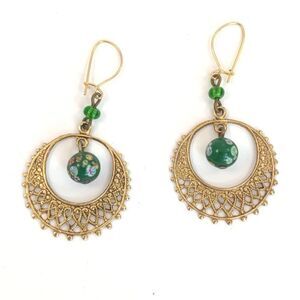 Vintage Filigree Crescent Hoop Earrings with Bead Drops Gold Earrings